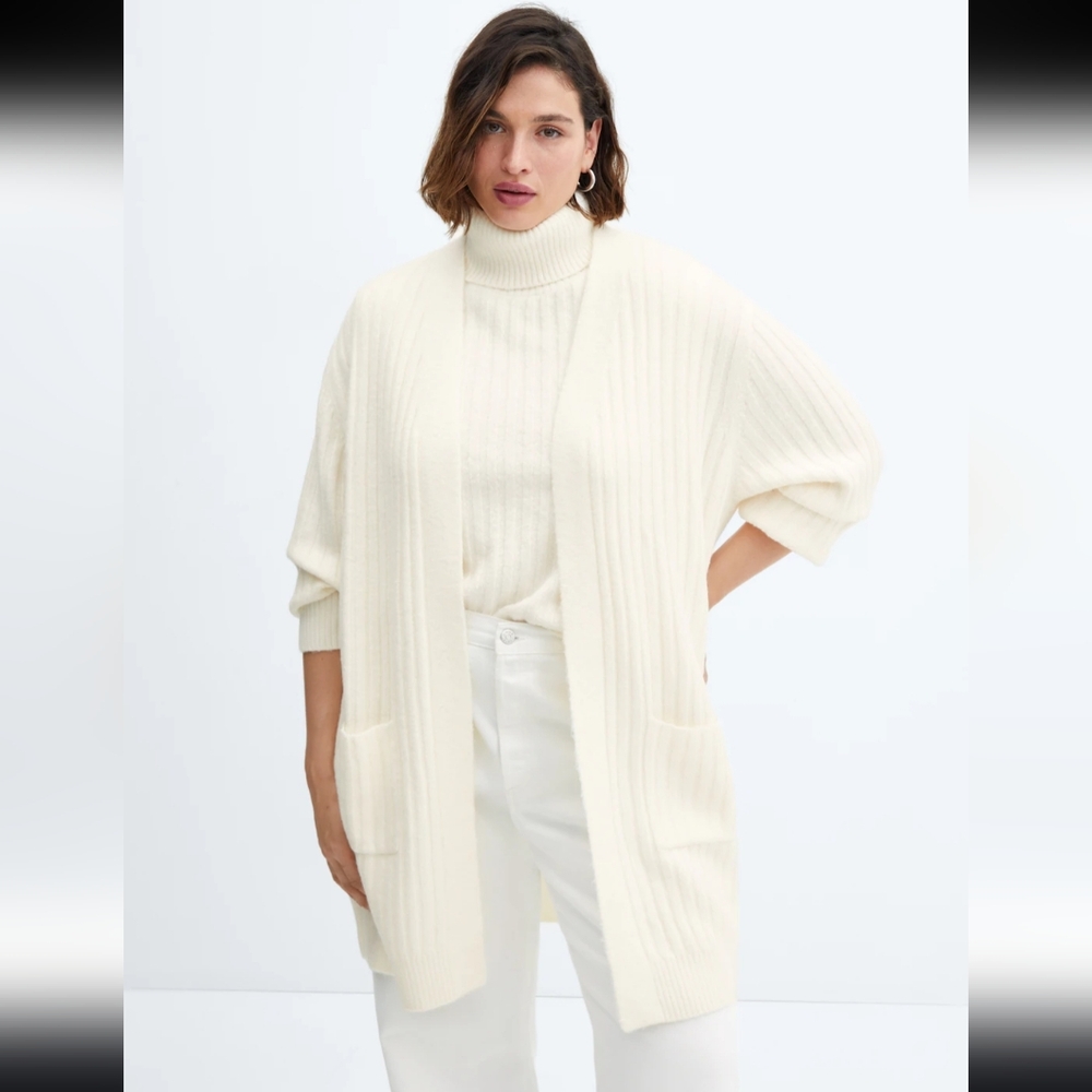 MANGO Women's Oversized Chunky Ribbed Long Cardigan Sweater Size 1X Cream